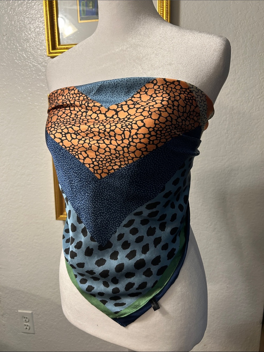 Silky Animal Print Bandana Scarf in Blue and Orange